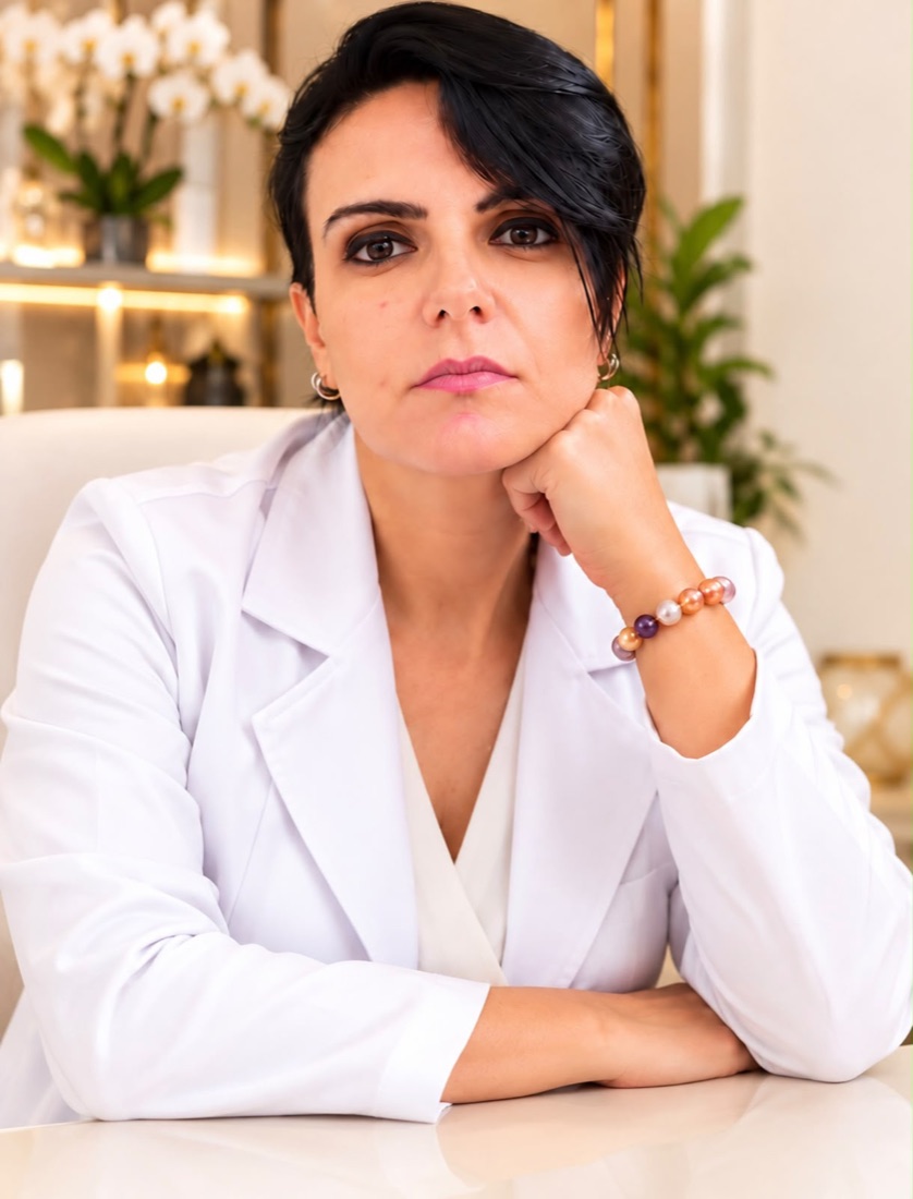 Dra. Simone Pinto, biomédica ortomolecular, de jaleco branco no consultório